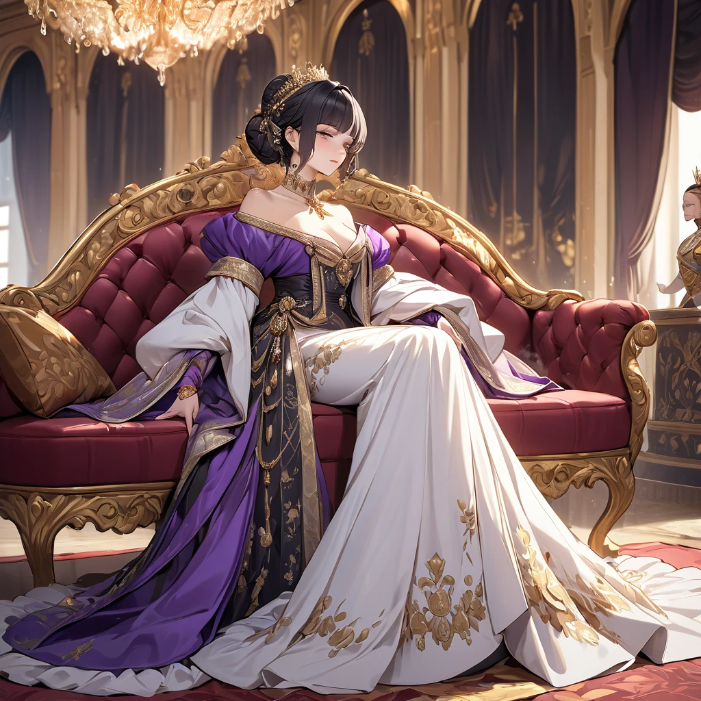 ((Highest quality)), ((masterpiece)), (detailed), (Perfect Face)、The woman is Shinobu Kocho, a Russian with black hair with purple gradient ends, tied in a bob hairstyle, an elegant, graceful and beautiful Russian noblewoman, and the Empress of the Great Russian Empire.、The woman is beautifully dressed in the gorgeous, glittering gold-colored Russian court dress of an ancient Russian empress, accessorized with luxurious accessories and kokoshniks.、The woman is standing next to a great and dignified old Russian emperor.、The woman is sitting on a luxurious sofa in the palace hugging and kissing the great old Russian emperor.