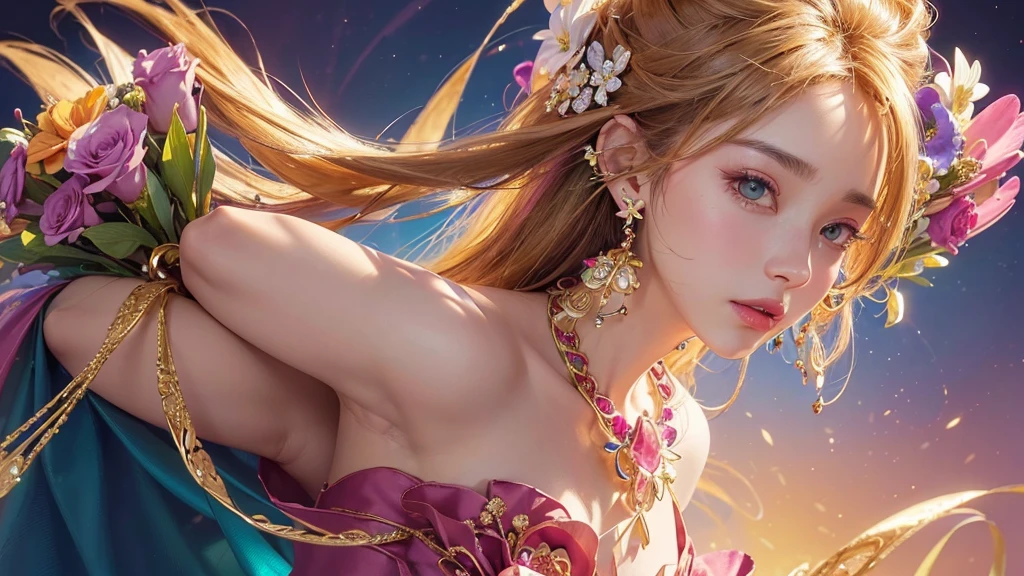 32K, 最高quality, 最高masterpiece, (ultra-Detailed Background, Detailed Background), High resolution, Super detailed, Very detailedな, One girl, (bouquet:1.3), (Tangled:1.2), (Geometric:1.2),(colorful),(masterpiece, quality, best quality, Official Art, Beautiful and beautiful:1.2), (1 girl:1.3), Very detailed,(colorful:1.1)(Flowers:1.3),Most detailed,(Tangled:1.2), whole body, (Abstract background:1.3), (Skin glows), (Many colors:1.4), ,(Earrings Jewelry:1.5), Pink Background,
