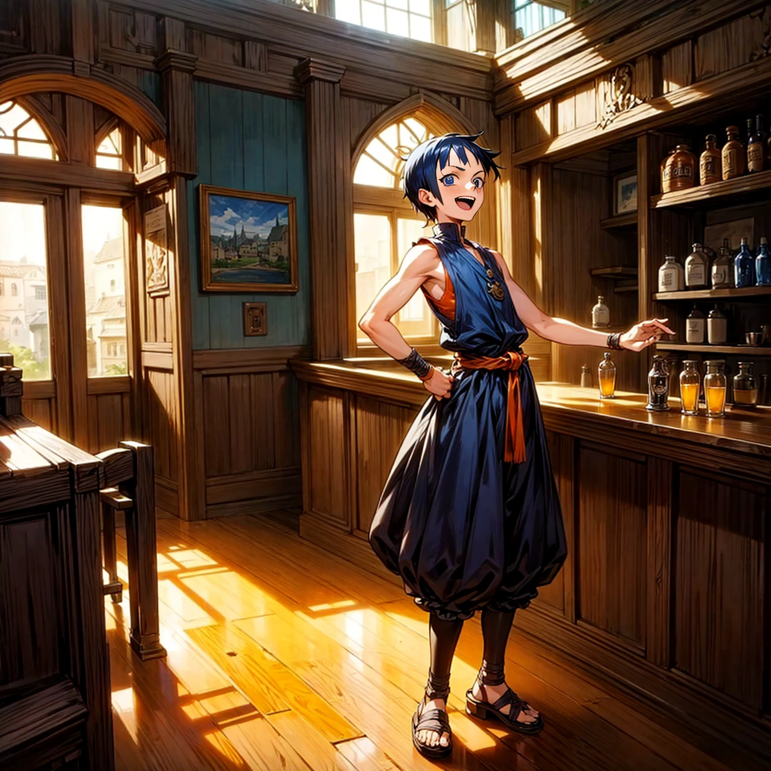 Solo character, kid boy, full body version, blue eyes, black half orange colour hair, short mohawk haircut, casual clothing, sleeveless, belt, sandals, indoor, bar, village, medieval, afternoon, standing gesture, detailed clothing, detailed hair, detailed background, (one piece style art), open mouth, happy,