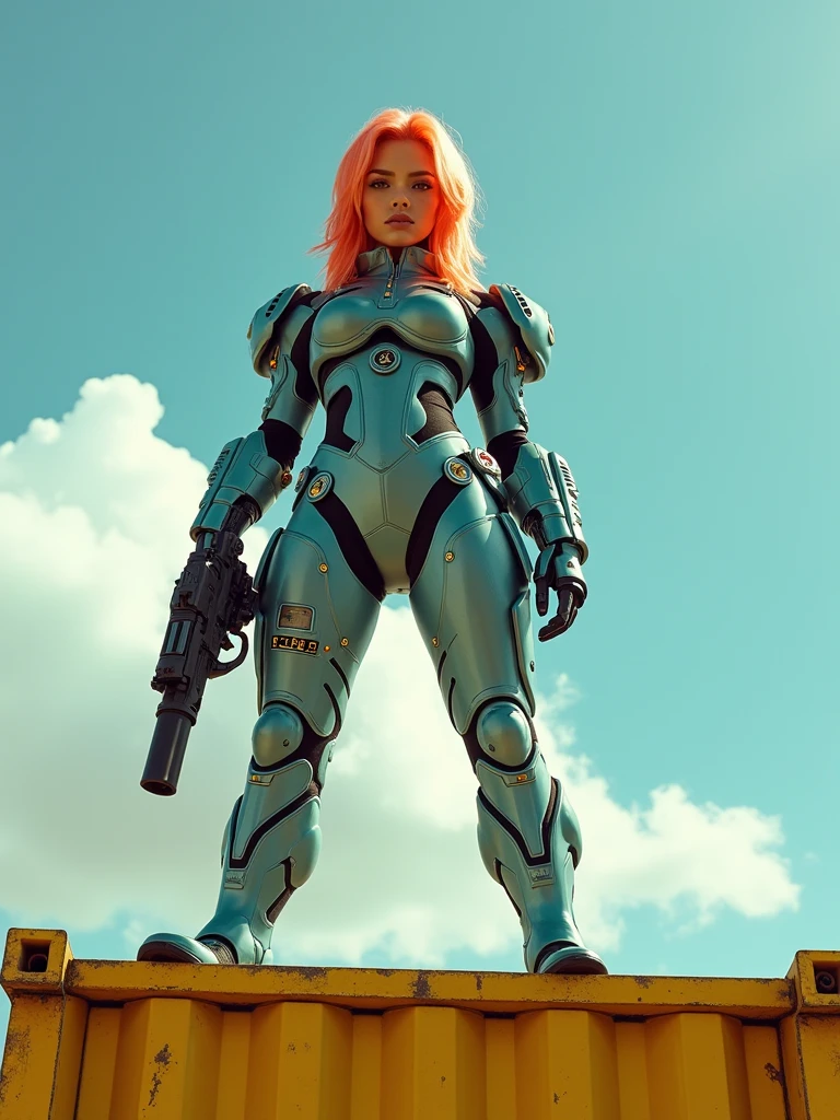 A young woman, around 18 years old, with long hair that starts as a bright celeste at the roots and gradually transitions into a vibrant orange towards the tips. She has a confident yet innocent expression, in a cyberpunk style. The scene is viewed from a very low angle, with the camera positioned on the ground, below the height of the yellow steel container she is standing on, emphasizing her imposing presence. The worn yellow steel container shows signs of age and use, with chipped paint revealing the raw metal underneath. The woman is standing in a pose that forms the shape of an 'A' with her legs apart and her body slightly leaning forward, emphasizing her stance and power. She is wearing a sexy two-piece armor that looks like a swimsuit, detailed with cyberpunk elements: there are miniature compasses, digital indicators, and small tubes integrated into the armor, all glowing with a futuristic light. The armor is sleek but visually complex, saturated with high-tech details that give it a very advanced and cybernetic look. The environment is a futuristic setting, and part of the sky is visible in the shot, adding depth and a sense of openness to the scene. In her right hand, she holds a cyberpunk-style weapon, a sleek and futuristic firearm with glowing accents. She is smiling innocently as she looks ahead, with subtle glowing data streams surrounding her, indicating her extraordinary abilities in this high-tech world