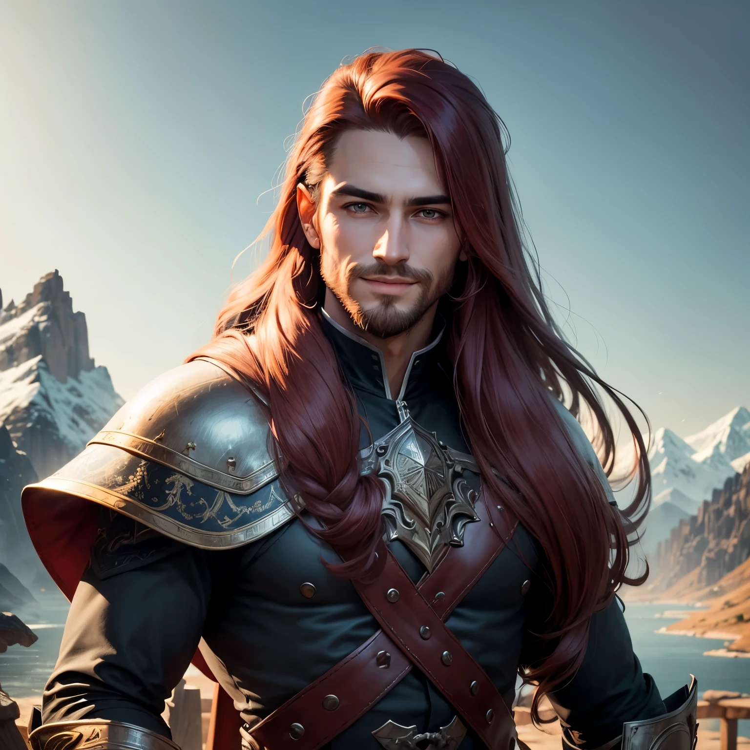 ((best qualityer)), ((work of art)), (detailded), 8k, 4K, hight contrast, work of art,  Meticulous attention to facial features and hair strands , an adventurous man with long straight red hair,barba ,black mantle,layer , fully body ,Grinning,battle costume ,slightly-smile,in the background mountain valley  ,clear lighting, detailed shadows 
