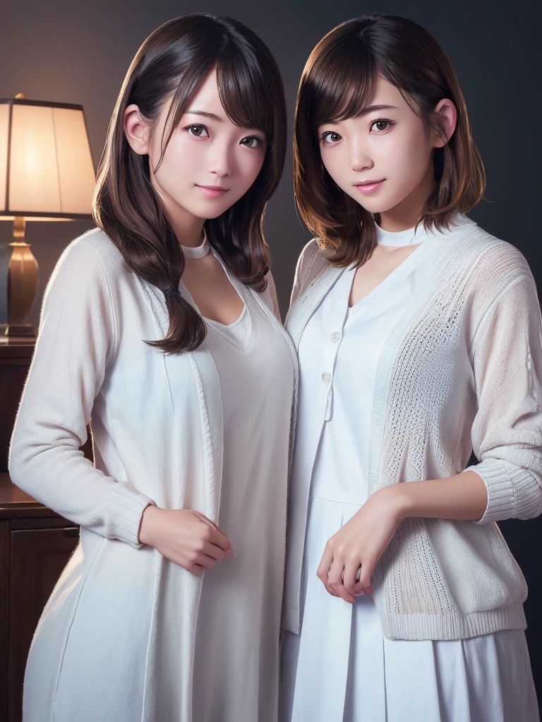 (masterpiece:1.3), (8K, Photoreal, Raw photo, best image quality: 1.4), Japanese high school girl、Similar twins、2 girls、(random hairstyle:1.2)、cleavage:1.2、super detail face、eye for details、double eyelid、chest to chest、sharp focus:1.2、Beautiful woman:1.4、light brown hair、highest quality、masterpiece、Super high resolution、(Photoreal:1.4)、Highly detailed and professionally lit smiles、loose and light knitwear, Two girls are touching each other's bodies because they are surprised that they have exactly the same face.