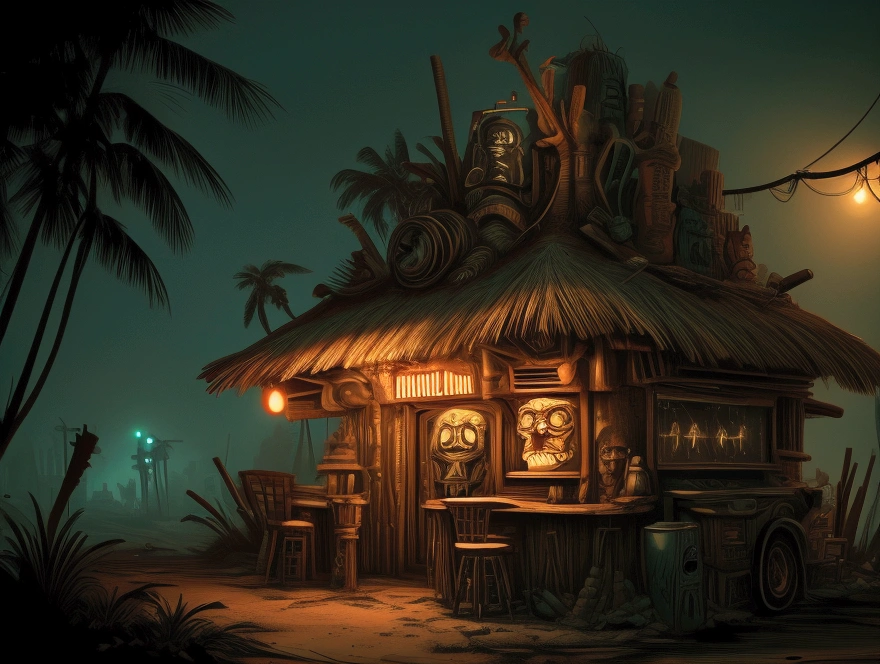 [Core Concept] An apocalyptic tiki bar at the literal and figurative end of the earth.

[Character Description] The bar is staffed by a ragtag group of survivors, their faces weathered and eyes hardened by the ravages of the end times. They move with a weary resilience, mixing elaborate tropical cocktails for the last remnants of humanity seeking refuge.

[Environment/Background] The bar is situated on a desolate, rocky outcrop, the last outpost before the abyss of the unknown. Crumbling ruins and abandoned machinery litter the landscape, a testament to the collapse of civilization. The sky is a turbulent mix of ominous clouds and eerie, otherworldly lights.

[Style and Atmosphere] The tiki bar itself is a stark contrast, its bamboo and thatch construction a defiant celebration of life amidst the surrounding decay. Neon signs and twinkling lights cast an ethereal glow, lending an air of surreal, bittersweet nostalgia.

[Composition] Patrons huddle around the bar, their faces cast in shadows as they nurse their drinks, their conversations hushed and tinged with a hint of resignation. In the corner, a lone musician plays a melancholic tune on a battered ukulele.

[Details and Embellishments] Weathered tiki masks and totems adorn the walls, their once-vibrant colors faded and chipped. Scattered throughout the bar are remnants of a bygone era - a rusted-out vintage car, a crumbling jukebox, a tattered Hawaiian shirt hanging on a hook.

[Technical Specifications] This scene would be rendered in a gritty, dystopian style, with a focus on dramatic lighting and a sense of impending doom. The color palette would be muted, with splashes of neon and warm, tropical hues creating a jarring contrast against the bleak surroundings.