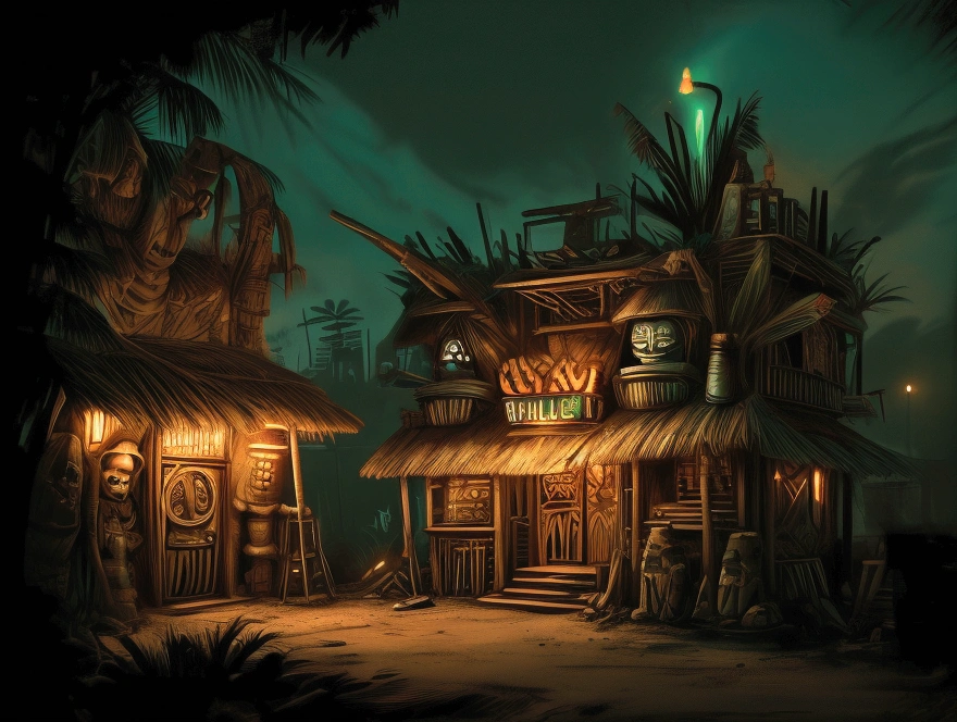 [Core Concept] An apocalyptic tiki bar at the literal and figurative end of the earth.

[Character Description] The bar is staffed by a ragtag group of survivors, their faces weathered and eyes hardened by the ravages of the end times. They move with a weary resilience, mixing elaborate tropical cocktails for the last remnants of humanity seeking refuge.

[Environment/Background] The bar is situated on a desolate, rocky outcrop, the last outpost before the abyss of the unknown. Crumbling ruins and abandoned machinery litter the landscape, a testament to the collapse of civilization. The sky is a turbulent mix of ominous clouds and eerie, otherworldly lights.

[Style and Atmosphere] The tiki bar itself is a stark contrast, its bamboo and thatch construction a defiant celebration of life amidst the surrounding decay. Neon signs and twinkling lights cast an ethereal glow, lending an air of surreal, bittersweet nostalgia.

[Composition] Patrons huddle around the bar, their faces cast in shadows as they nurse their drinks, their conversations hushed and tinged with a hint of resignation. In the corner, a lone musician plays a melancholic tune on a battered ukulele.

[Details and Embellishments] Weathered tiki masks and totems adorn the walls, their once-vibrant colors faded and chipped. Scattered throughout the bar are remnants of a bygone era - a rusted-out vintage car, a crumbling jukebox, a tattered Hawaiian shirt hanging on a hook.

[Technical Specifications] This scene would be rendered in a gritty, dystopian style, with a focus on dramatic lighting and a sense of impending doom. The color palette would be muted, with splashes of neon and warm, tropical hues creating a jarring contrast against the bleak surroundings.