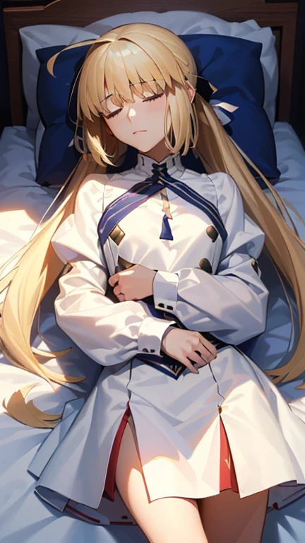 (masterpiece, Highest quality, Super detailed, 8K quality), (bed:1.3), (cowboy shot:1.3), (1girl, Altria_caster_fgo, bbcaster, long hair, (bionde, Blonde:1.1), twintails, white dress, long sleeves:1.2), (17 years old:0.6), (sleeping:1.2)