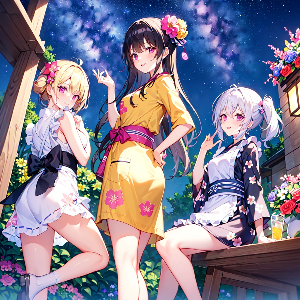 masterpiece, best quality, high quality, extremely detailed, very delicate and beautiful, (3female 18 years old three:1.5), (long black hair up to waist with two side up:1.5), bangs to eyebrows, eyes (eyes: 1.3), (eyes: magenta: 1.3), 6.5 head height, (apron in yukata summer flower print fashion: 1.3), knee socks, lace, frills, (smiling), (welcome pose: 1.3), (standing), (dynamic pose), (summer flower garden:1.3), (Milky Way Night Sky:1.3), (group shot)