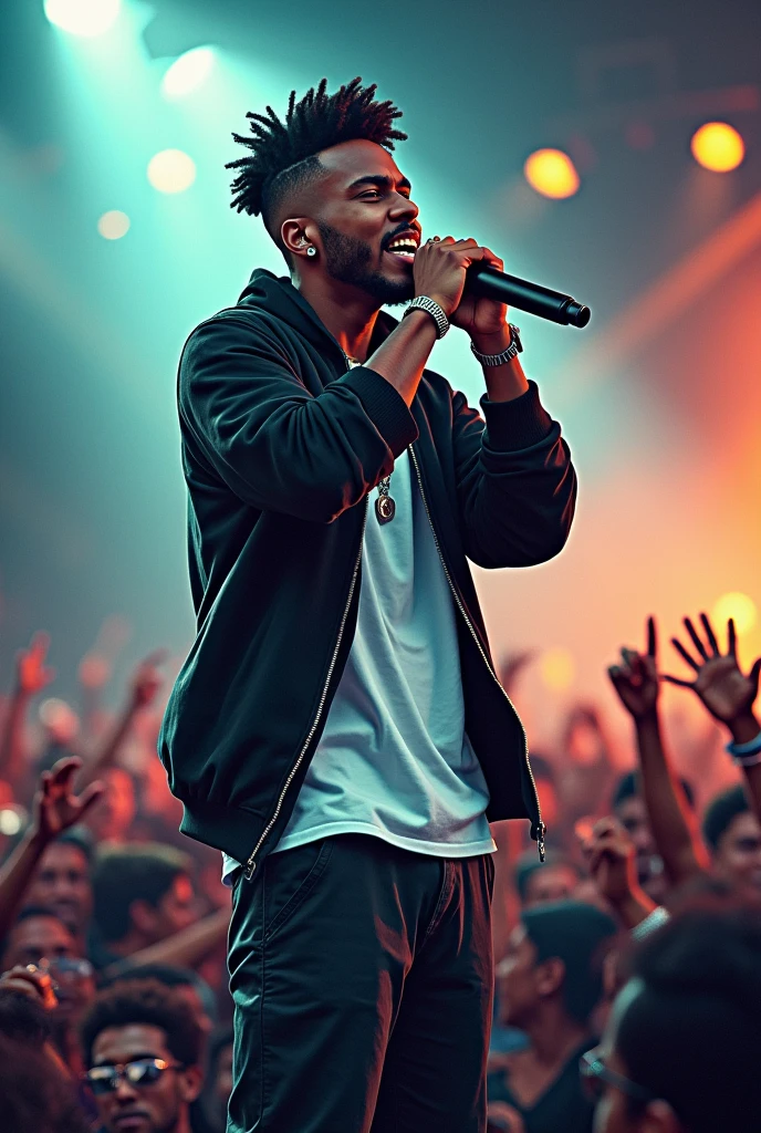 Un artiste même personnage qui fait du rap sur le paudium entrain de chanter . Qui porte une un pull noir et un tee-shirt blanc qui déborde légèrement avec une casquette sur ses cheveux avec une mine serré fessant face aux publics la main pointé vers le ciel