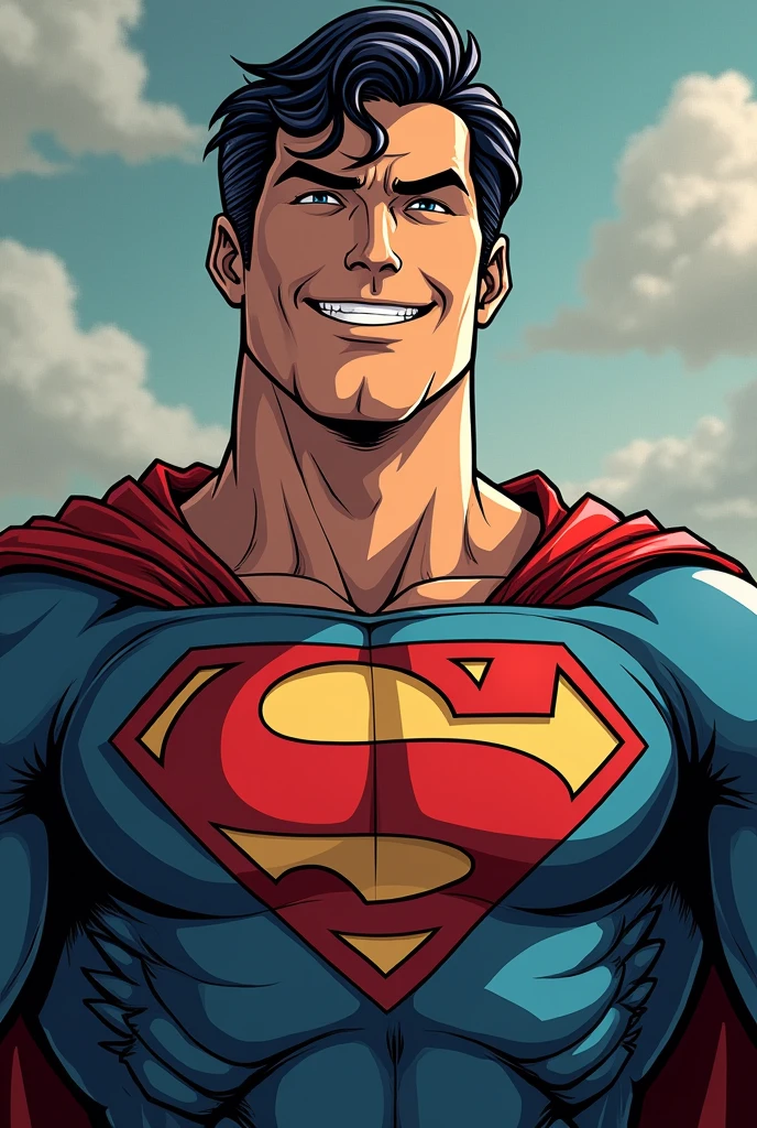Superman stylized character, comics, Very detailed, 8k,Teeth are visible、smile、Looks like they're having fun、Good Pose