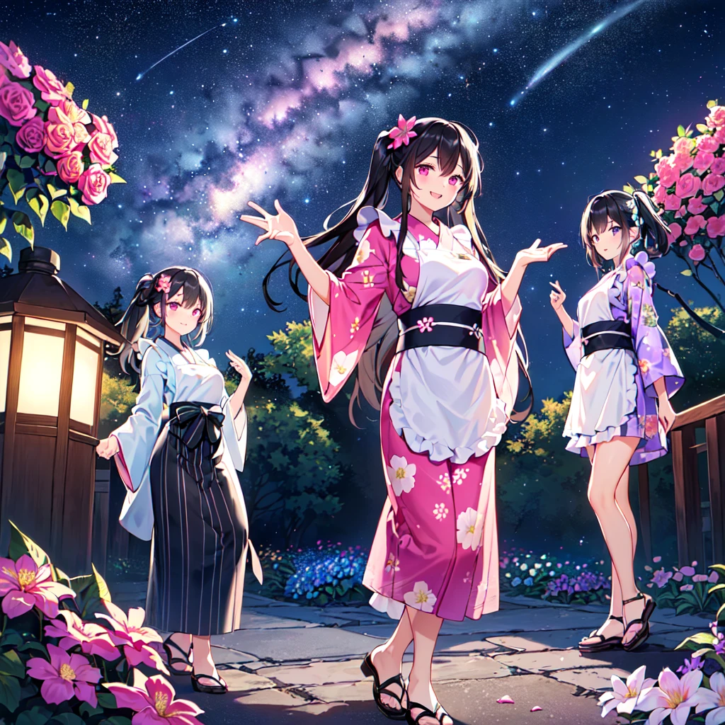 masterpiece, best quality, high quality, extremely detailed, very delicate and beautiful, (3female 18 years old three:1.5), (long black hair up to waist with two side up:1.5), bangs to eyebrows, eyes (eyes: 1.3), (eyes: magenta: 1.3), 6.5 head height, (apron in yukata summer flower print fashion: 1.3), knee socks, lace, frills, (smiling), (welcome pose: 1.3), (standing), (dynamic pose), (summer flower garden:1.3), (Milky Way Night Sky:1.3), (group shot)