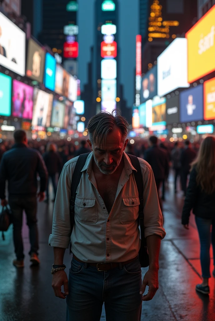A MAN PISSING HIMSELF IN THE MIDDLE OF TIME SQUARE 