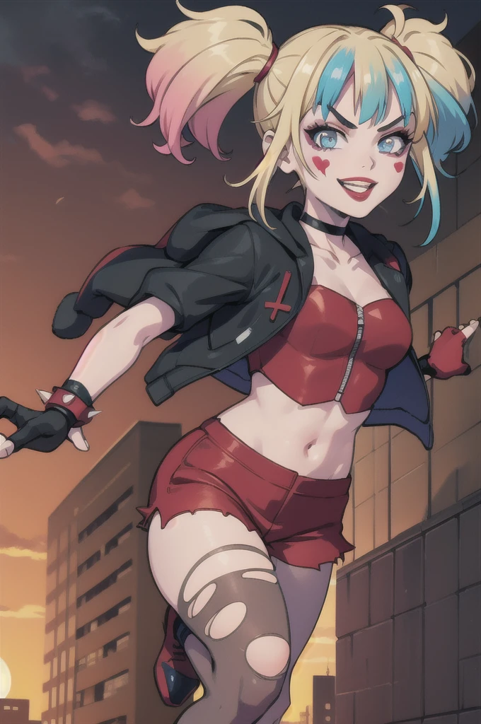 (masterpiece, best quality:1.2), solo, 1girl, isekaiharley, smile, looking at viewer, running, twintails, v-shaped eyebrows, two-tone jacket, crop top, short shorts, torn pantyhose, fingerless gloves, choker, spiked bracelet, cityscape scenery, running, sunset 