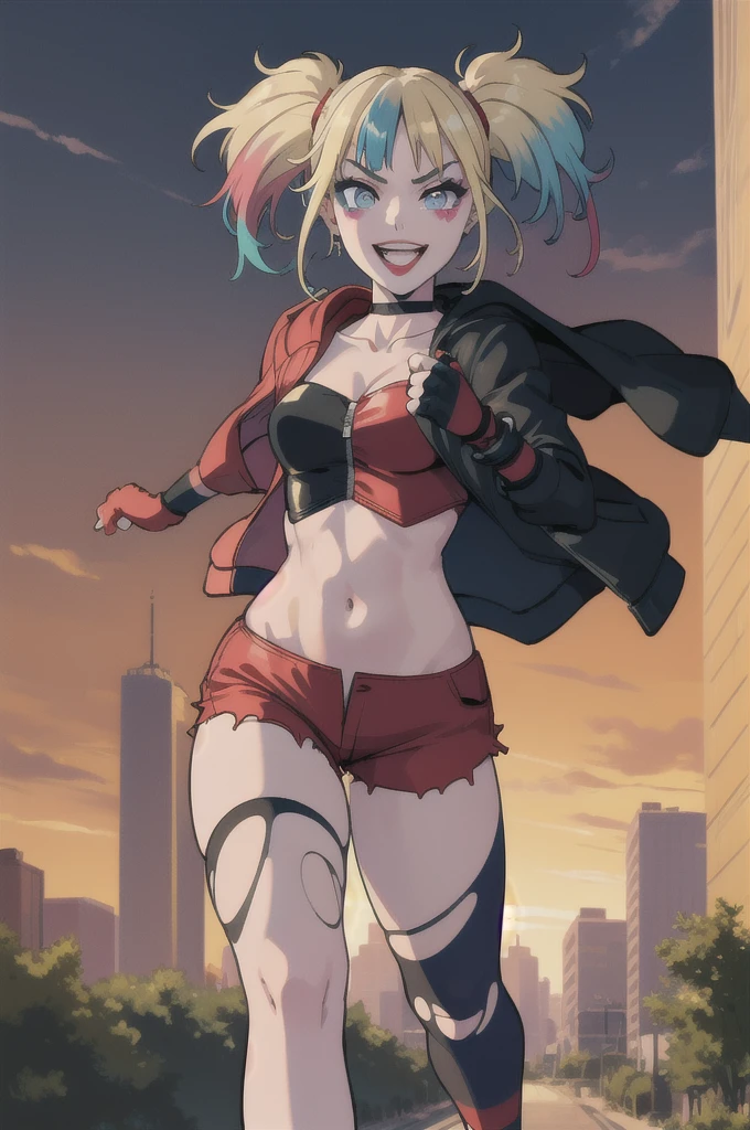 (masterpiece, best quality:1.2), solo, 1girl, isekaiharley, smile, looking at viewer, running, twintails, v-shaped eyebrows, two-tone jacket, crop top, short shorts, torn pantyhose, fingerless gloves, choker, spiked bracelet, cityscape scenery, running, sunset 