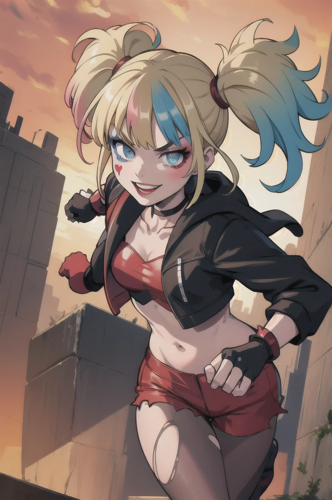 (masterpiece, best quality:1.2), solo, 1girl, isekaiharley, smile, looking at viewer, running, twintails, v-shaped eyebrows, two-tone jacket, crop top, short shorts, torn pantyhose, fingerless gloves, choker, spiked bracelet, cityscape scenery, running, sunset 