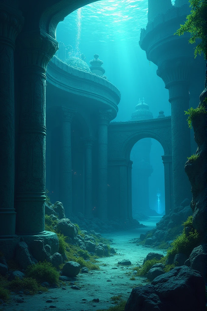 Create images related to Atlantis with mysterious lights under the waters, suggesting something more hidden