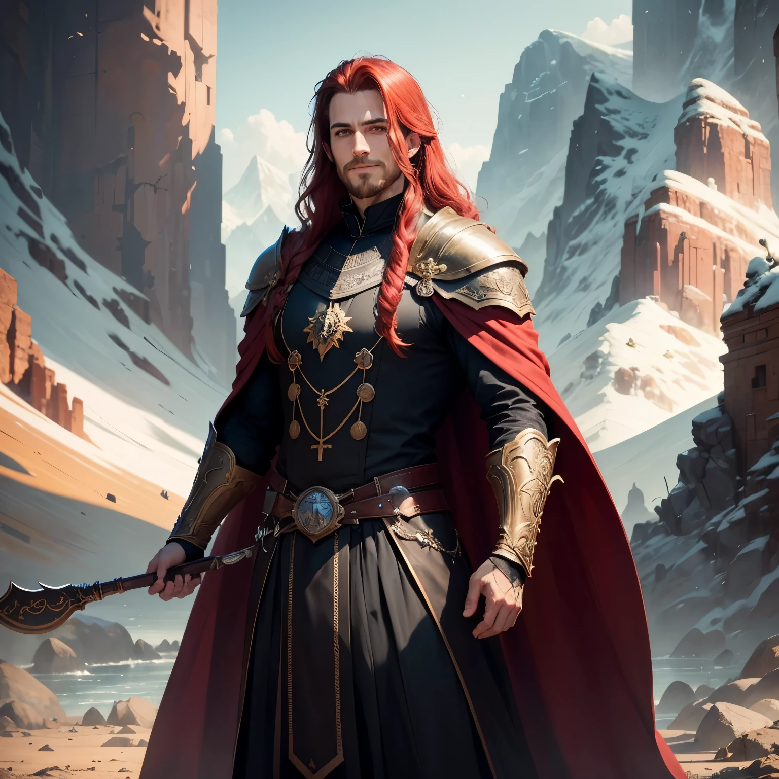 ((best qualityer)), ((work of art)), (detailded), 8k, 4K, hight contrast, work of art,  Meticulous attention to facial features and hair strands , an adventurous man with long straight red hair,barba ,black mantle,layer , full body pose ,Grinning,battle costume ,slightly-smile,in the background mountain valley  ,clear lighting, detailed shadows 