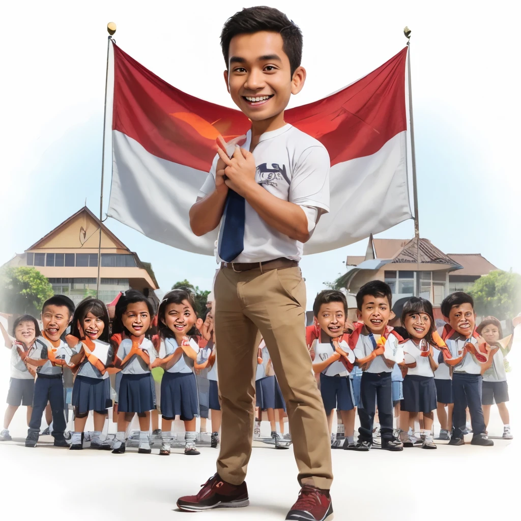 4D caricature of a handsome 32 year old man from Indonesia wearing a t-shirt that says kaka manyaka, work trousers and work shoes, with an enthusiastic expression while smiling with visible teeth, in the background there are elementary, middle and high school students who are introducing schools in Indonesia, realistic, HD