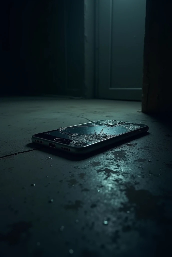 Cell phone fallen on the floor with a broken screen in a dark environment: