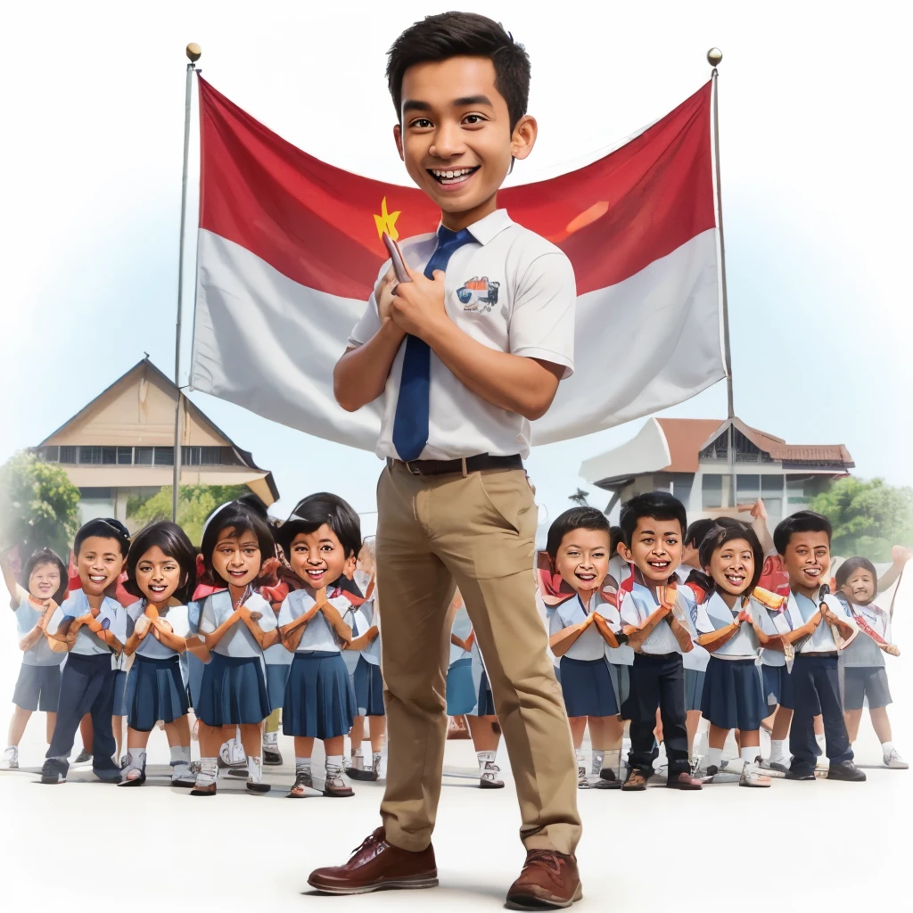4D caricature of a handsome 32 year old man from Indonesia wearing a t-shirt that says kaka manyaka, work trousers and work shoes, with an enthusiastic expression while smiling with visible teeth, in the background there are elementary, middle and high school students who are introducing schools in Indonesia, realistic, HD