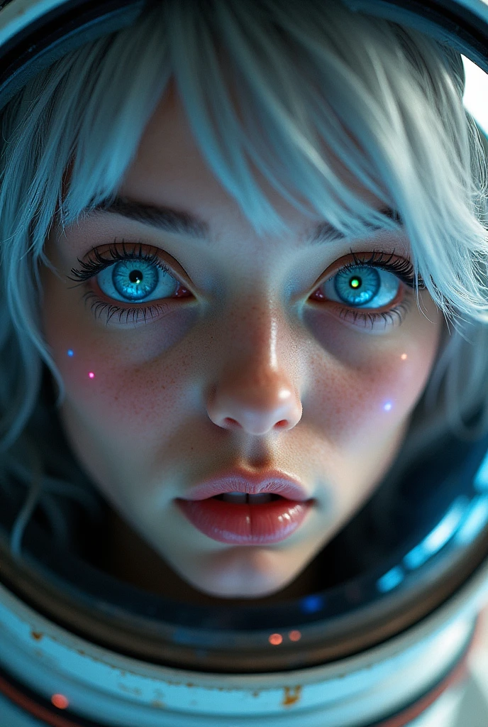 (Close-up of a better masterpiece:1.5)0.9], (Space and astronauts:1.2) (Messy silver hair:1.1) (Heterochromia xanthochromia and blue eyes:1.2) (Space Helmet:1.0) (Colored stars in the eyes:1.0) (A radiant glow:1.1) (thick lips:0.9)