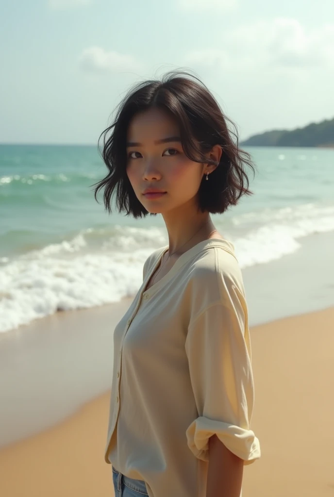 Dark brunette girl, short wavy hair, Walking on the beach, photo style