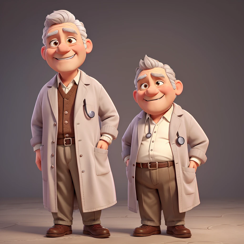 low old doctor, a little overweight, remake to disney persona, no beard, big ears, brown eyebrown low, grey hair, white coat, stethoscope, grin, grey hair, hair little to side, half-closed eyes, light smile, puckered lips, forehead