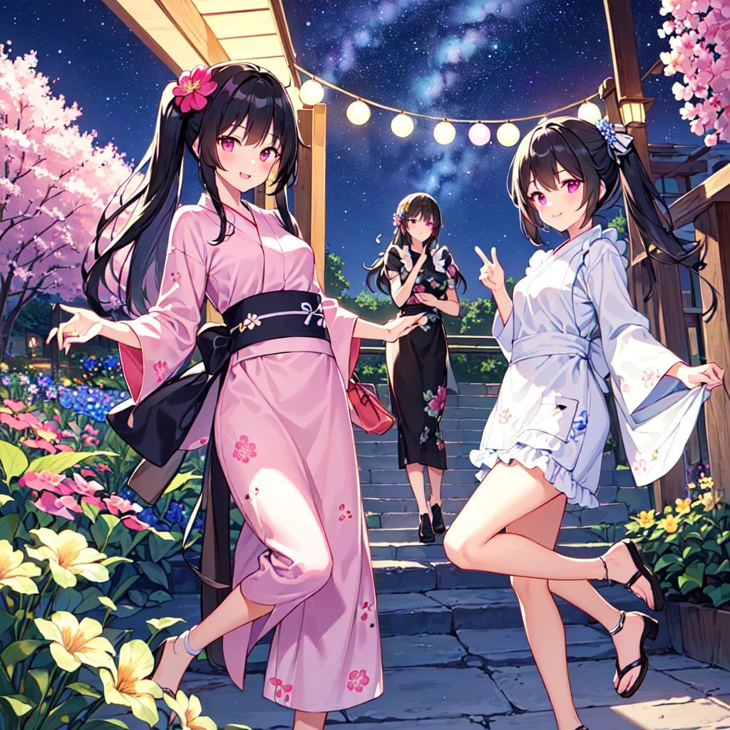 masterpiece, best quality, high quality, extremely detailed, very delicate and beautiful, (3female 18 years old three:1.5), (long black hair up to waist with two side up:1.5), bangs to eyebrows, eyes (eyes: 1.3), (eyes: magenta: 1.3), 6.5 head height, (apron in yukata summer flower print fashion: 1.3), knee socks, lace, frills, (smiling), (welcome pose: 1.3), (standing), (dynamic pose), (summer flower garden:1.3), (Milky Way Night Sky:1.3), (group shot)