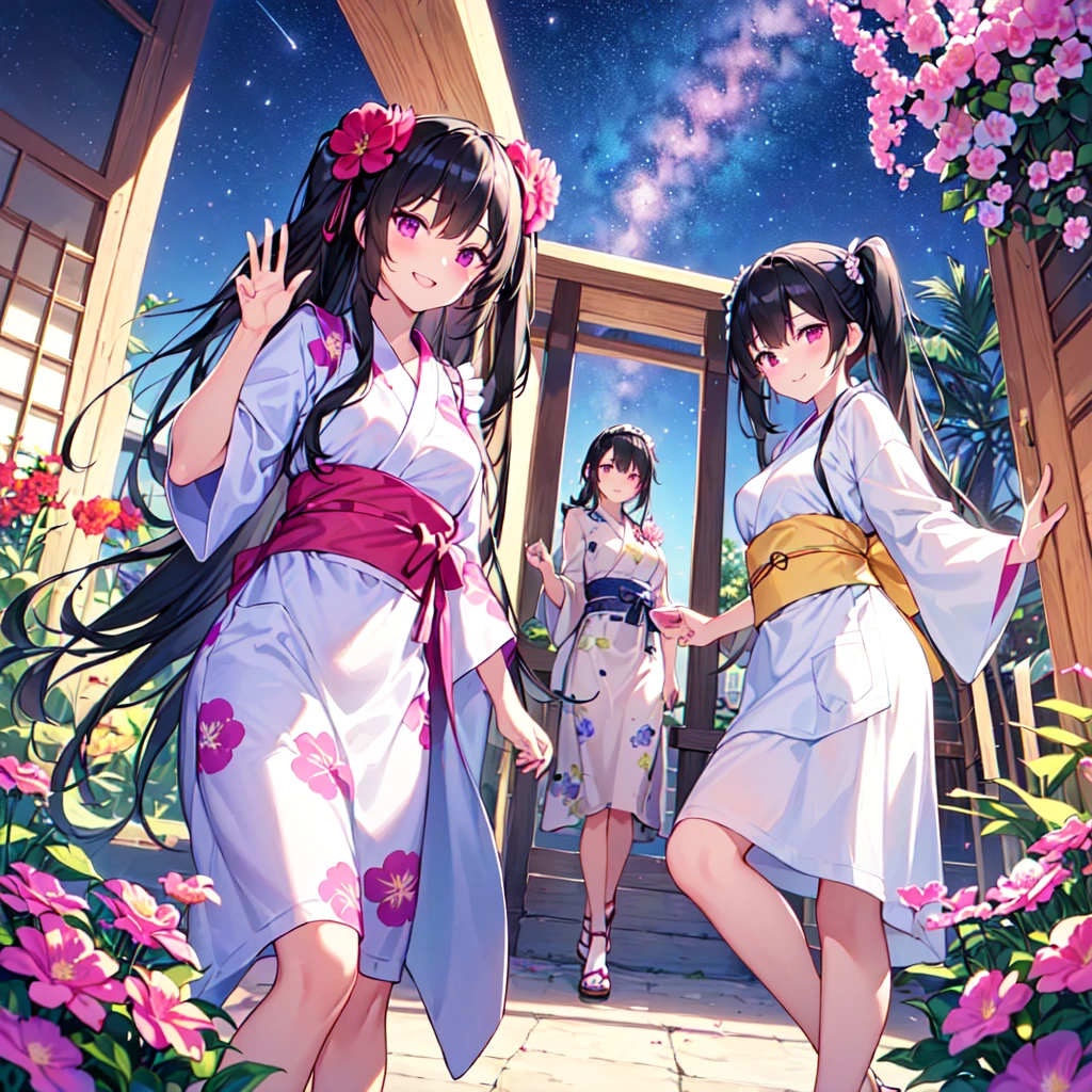 masterpiece, best quality, high quality, extremely detailed, very delicate and beautiful, (3female 18 years old three:1.5), (long black hair up to waist with two side up:1.5), bangs to eyebrows, eyes (eyes: 1.3), (eyes: magenta: 1.3), 6.5 head height, (apron in yukata summer flower print fashion: 1.3), knee socks, lace, frills, (smiling), (welcome pose: 1.3), (standing), (dynamic pose), (summer flower garden:1.3), (Milky Way Night Sky:1.3), (group shot)