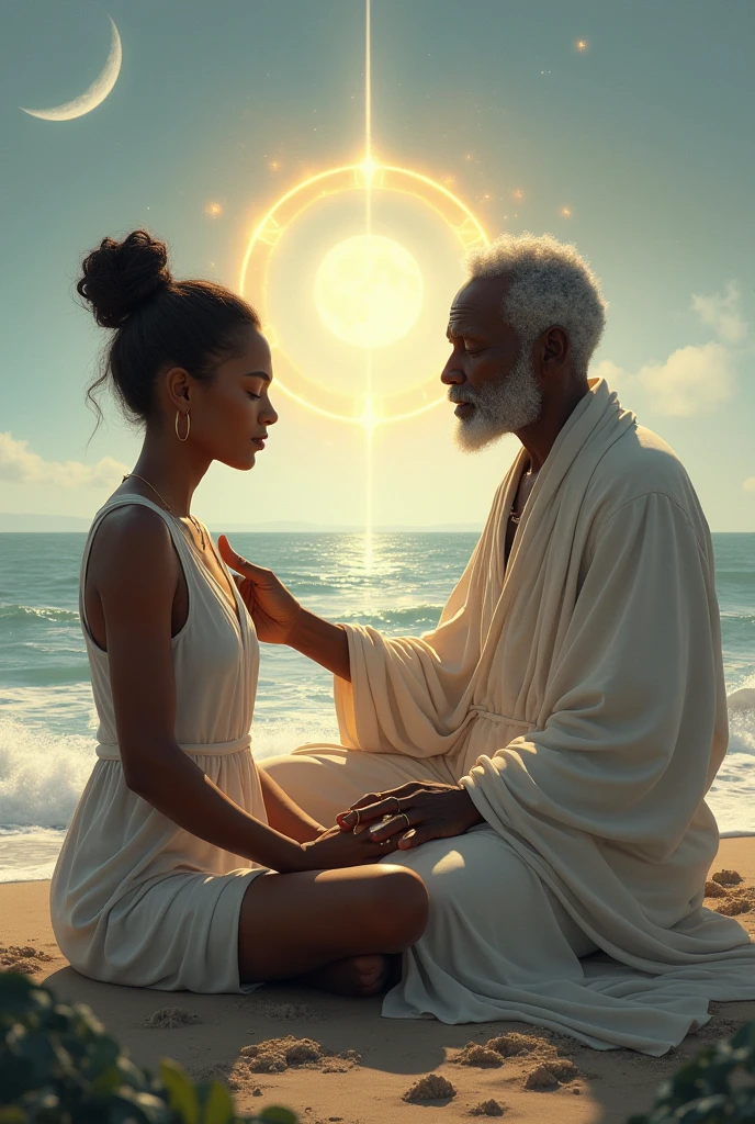 natta, a brown woman, with a bun in your hair, of coasts sitting meditating, with an ELDERLY black entity from Umbanda at his side, wear white clothes, with a pipe, with his hand on her shoulder guiding her, with a divine light