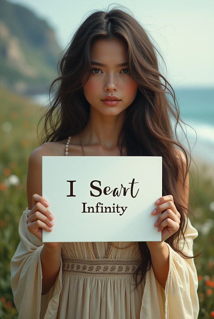 Beautiful girl with wavy long hair, bohemian dress, holding a white board with text "I Love Seaart Infinity" and showing it to the viewer