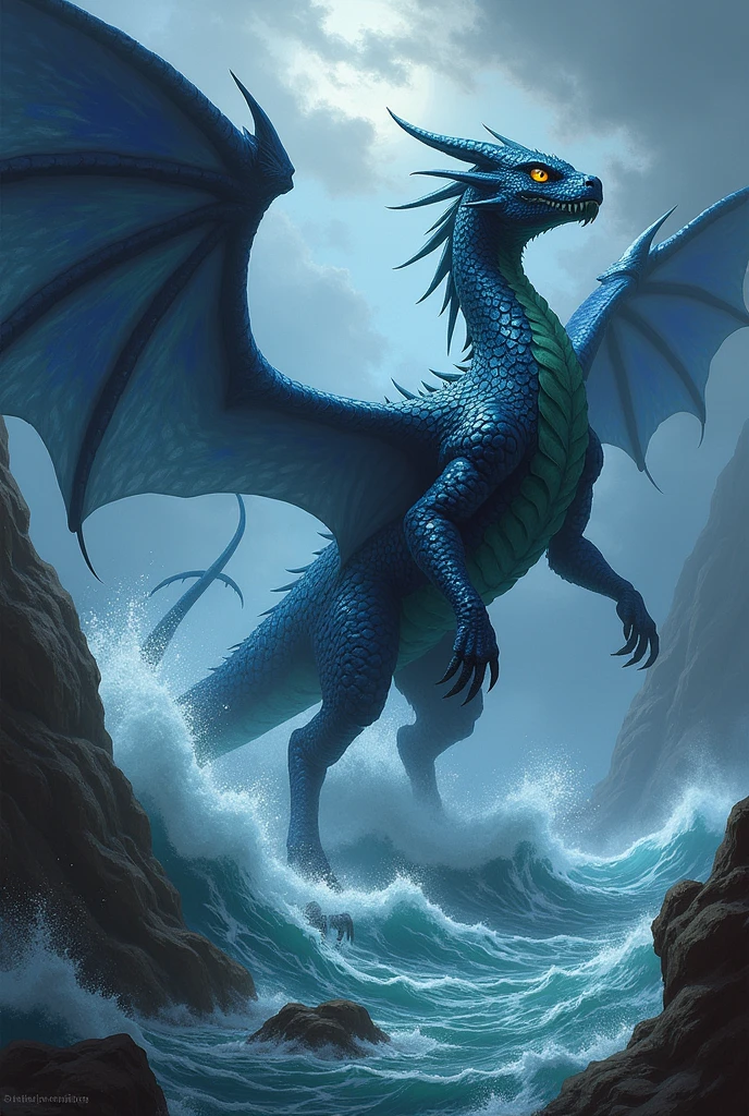please create an image of the dragon
Thalassarys, the Stormborn
Appearance: Thalassarys has deep blue, almost black scales with hints of dark green along his wings and back, resembling the colors of the ocean at night. His eyes are bright yellow, feline-like. He has only four limbs—two large wings and two powerful legs—giving him a sleek and aerodynamic build, perfect for long and swift flights.