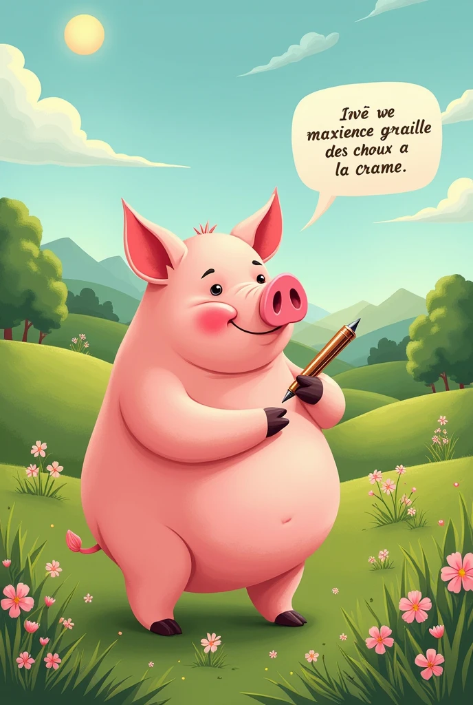 A pig writted "maxence graille des choux a la crème "