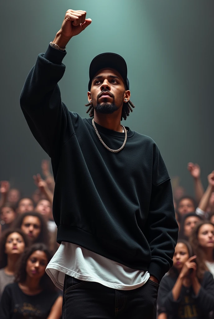 Un artiste même personnage qui fait du rap sur le paudium entrain de chanter . Qui porte une un pull noir et un tee-shirt blanc qui déborde légèrement avec une casquette sur ses cheveux avec une mine serré fessant face aux publics la main levée vers le ciel