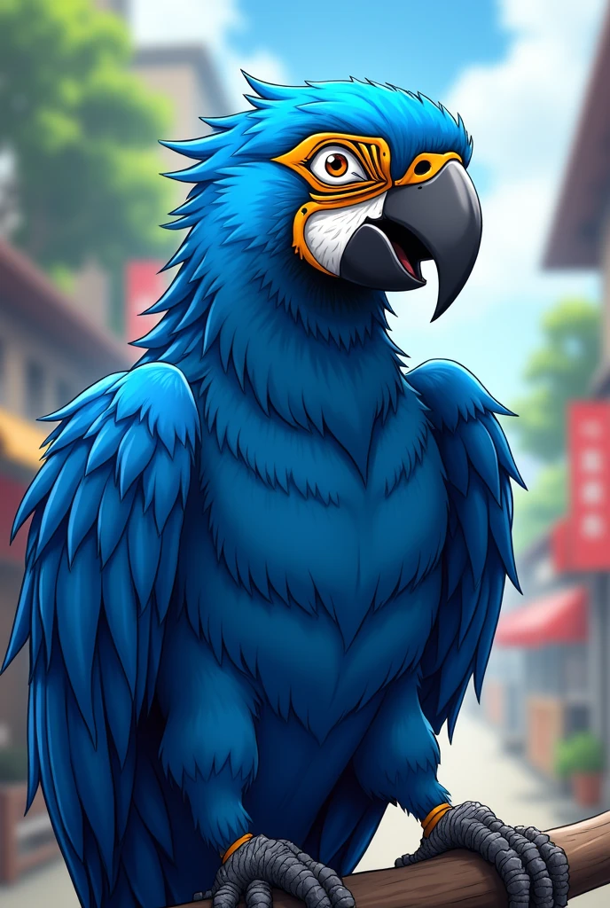 a human male blue macaw, anime