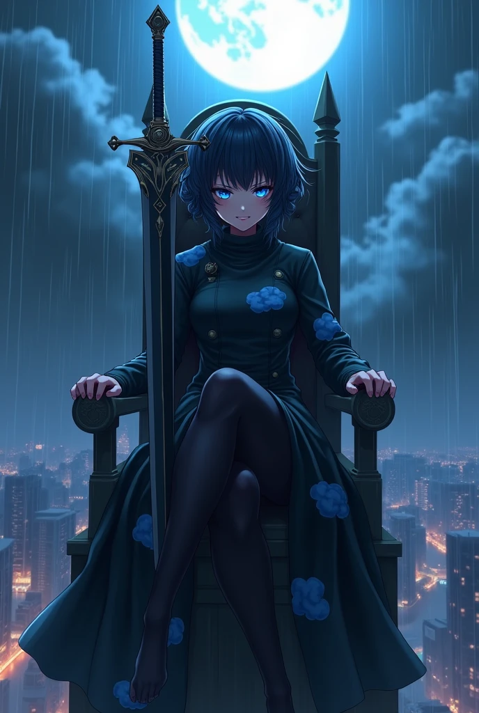 create an image of an anime girl sitting on thronethrone in top of a building, with a sadic smile expression on her face, short curled hair hiding her ears, blue eyes and an long dark coat with big five blue clouds printed on it and a pair of black stockings completely covering your legs, under the heavy rain and a full moon. she has a black long thick sword at his side