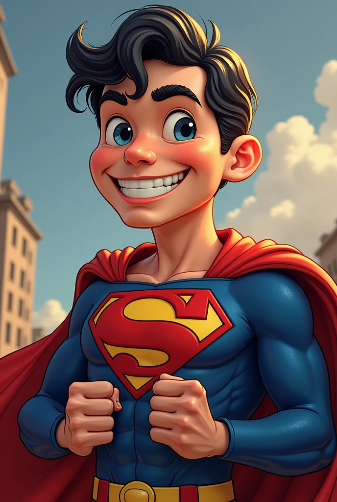 Superman stylized character, comics, Very detailed, 8k,Teeth are visible、smile、Looks like they're having fun、Happy face、Hands in a good pose、
