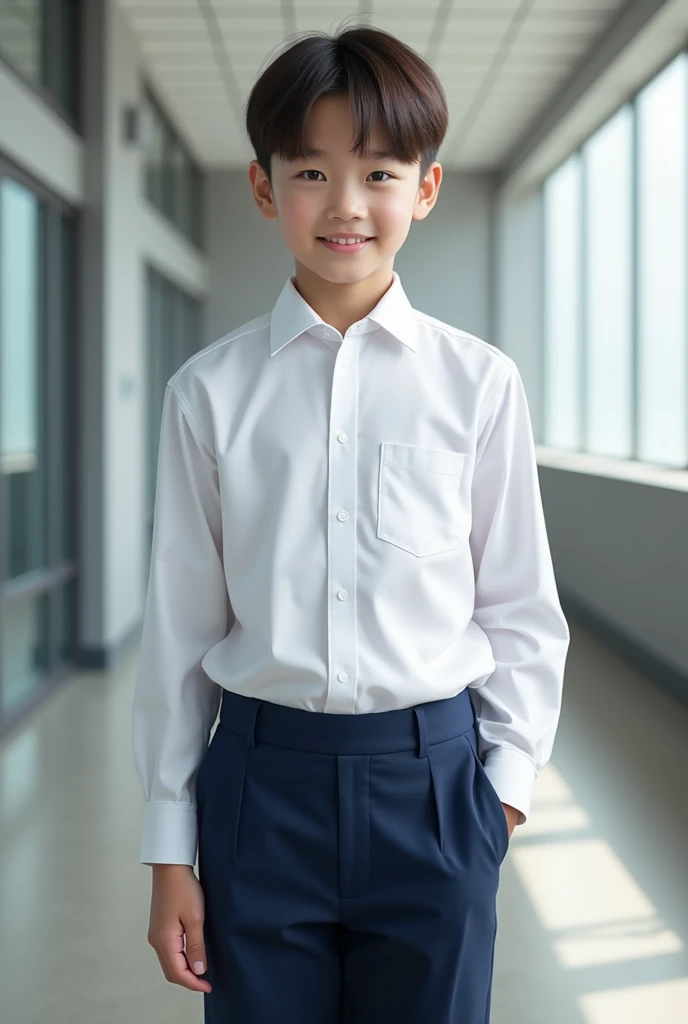 Create an image of a school uniform with a white shirt and blue pants