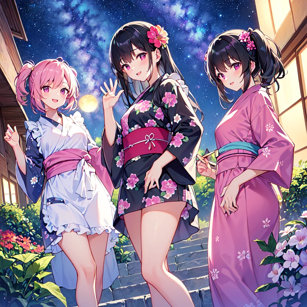 masterpiece, best quality, high quality, extremely detailed, very delicate and beautiful, (3female 18 years old three:1.5), (long black hair up to waist with two side up:1.5), bangs to eyebrows, eyes (eyes: 1.3), (eyes: magenta: 1.3), 6.5 head height, (apron in yukata summer flower print fashion: 1.3), knee socks, lace, frills, (smiling), (welcome pose: 1.3), (standing), (dynamic pose), (summer flower garden:1.3), (Milky Way Night Sky:1.3), (group shot)