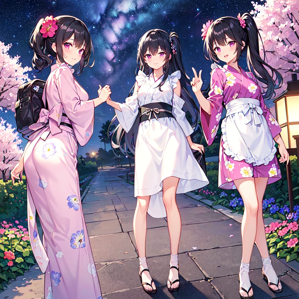 masterpiece, best quality, high quality, extremely detailed, very delicate and beautiful, (3female 18 years old three:1.5), (long black hair up to waist with two side up:1.5), bangs to eyebrows, eyes (eyes: 1.3), (eyes: magenta: 1.3), 6.5 head height, (apron in yukata summer flower print fashion: 1.3), knee socks, lace, frills, (smiling), (welcome pose: 1.3), (standing), (dynamic pose), (summer flower garden:1.3), (Milky Way Night Sky:1.3), (group shot)