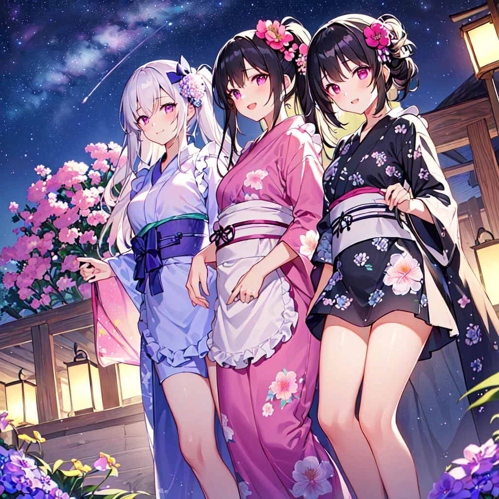 masterpiece, best quality, high quality, extremely detailed, very delicate and beautiful, (3female 18 years old three:1.5), (long black hair up to waist with two side up:1.5), bangs to eyebrows, eyes (eyes: 1.3), (eyes: magenta: 1.3), 6.5 head height, (apron in yukata summer flower print fashion: 1.3), knee socks, lace, frills, (smiling), (welcome pose: 1.3), (standing), (dynamic pose), (summer flower garden:1.3), (Milky Way Night Sky:1.3), (group shot)