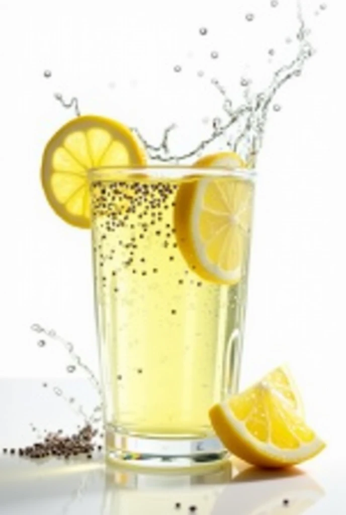"Glass of lemon water with chia" decorated with lemons and chia, with splashes and white background