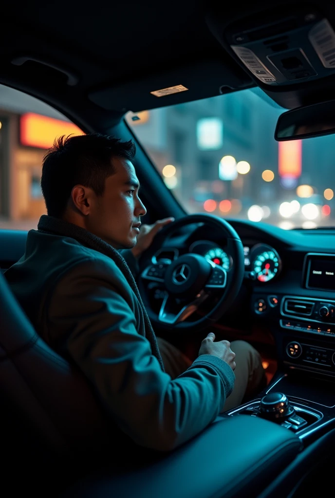 I want to create a photo inside the mercedes car, I'm sitting in the front passenger seat and it's at night. I want for story for instagram