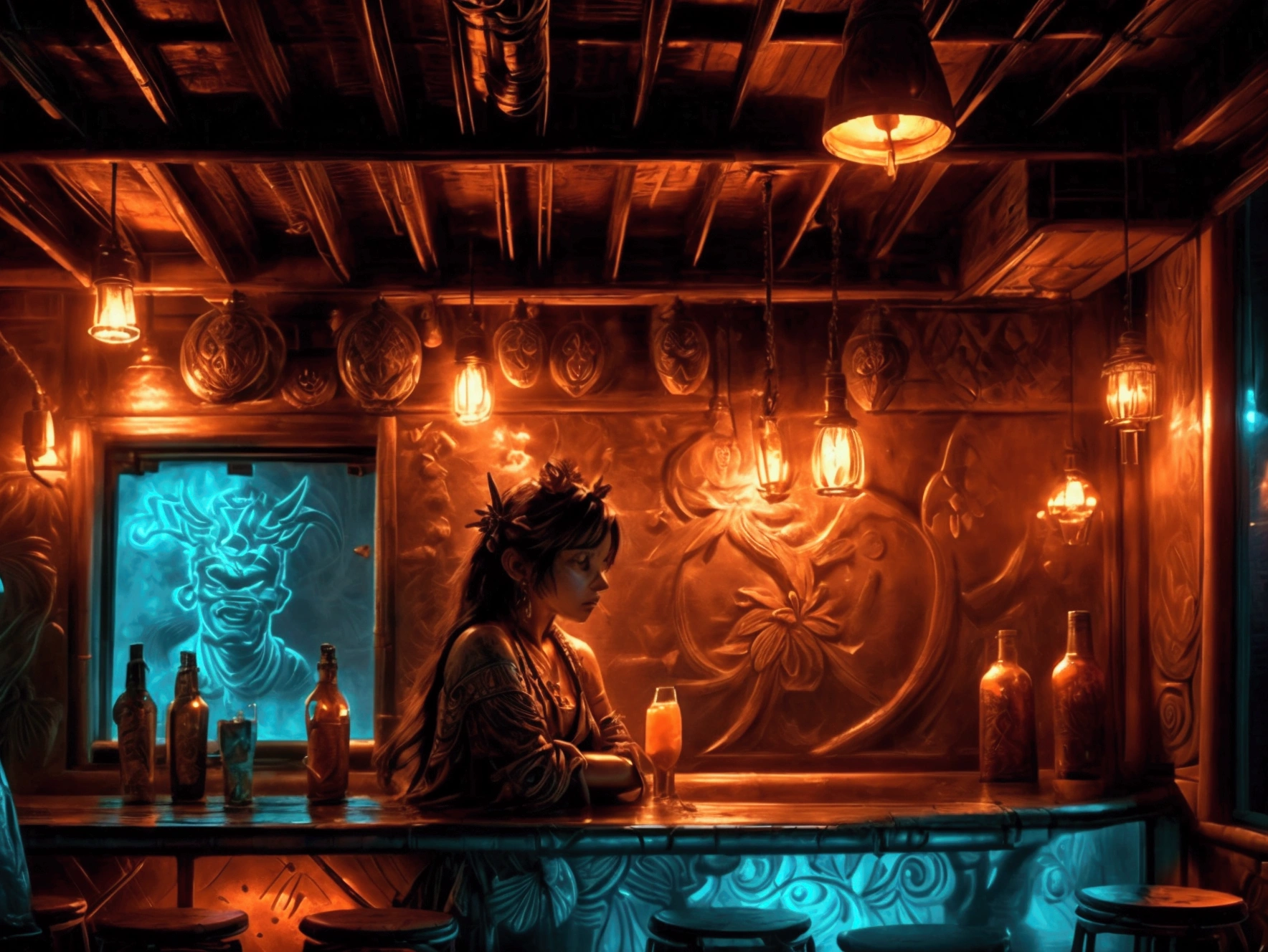 [Core Concept] An apocalyptic tiki bar at the literal and figurative end of the earth. [Character Description] The bar is staffed by a ragtag group of survivors, their faces weathered and eyes hardened by the ravages of the end times. They move with a weary resilience, mixing elaborate tropical cocktails for the last remnants of humanity seeking refuge. [Environment/Background] The bar is situated on a desolate, rocky outcrop, the last outpost before the abyss of the unknown. Crumbling ruins and abandoned machinery litter the landscape, a testament to the collapse of civilization. The sky is a turbulent mix of ominous clouds and eerie, otherworldly lights. [Style and Atmosphere] The tiki bar itself is a stark contrast, its bamboo and thatch construction a defiant celebration of life amidst the surrounding decay. Neon signs and twinkling lights cast an ethereal glow, lending an air of surreal, bittersweet nostalgia. [Composition] Patrons huddle around the bar, their faces cast in shadows as they nurse their drinks, their conversations hushed and tinged with a hint of resignation. In the corner, a lone musician plays a melancholic tune on a battered ukulele. [Details and Embellishments] Weathered tiki masks and totems adorn the walls, their once-vibrant colors faded and chipped. Scattered throughout the bar are remnants of a bygone era - a rusted-out vintage car, a crumbling jukebox, a tattered Hawaiian shirt hanging on a hook. [Technical Specifications] This scene would be rendered in a gritty, dystopian style, with a focus on dramatic lighting and a sense of impending doom. The color palette would be muted, with splashes of neon and warm, tropical hues creating a jarring contrast against the bleak surroundings.tikiai