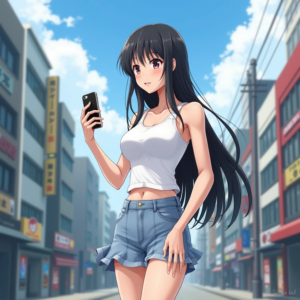 Highest quality, masterpiece, Ultra-high resolution, Super detailed, 1 person, Japanese schoolgirl, Black Hair, Long Hair, White tank top, mini skirt, Slender body, Large Breasts, A town like Shibuya in Japan, summer, sunny, Looking at the iPhone in his hand, Upper Body, Correct Size, Five Fingers,
