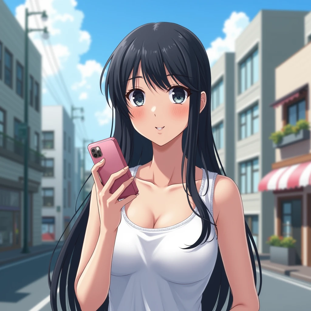 Highest quality, masterpiece, Ultra-high resolution, Super detailed, 1 person, Japanese girl, Black Hair, Long Hair, White tank top,　mini skirt,　Slender body, Large Breasts, A town like Shibuya in Japan, summer, sunny, Looking at the iPhone in his hand, Upper Body, Correct Size, Five Fingers,