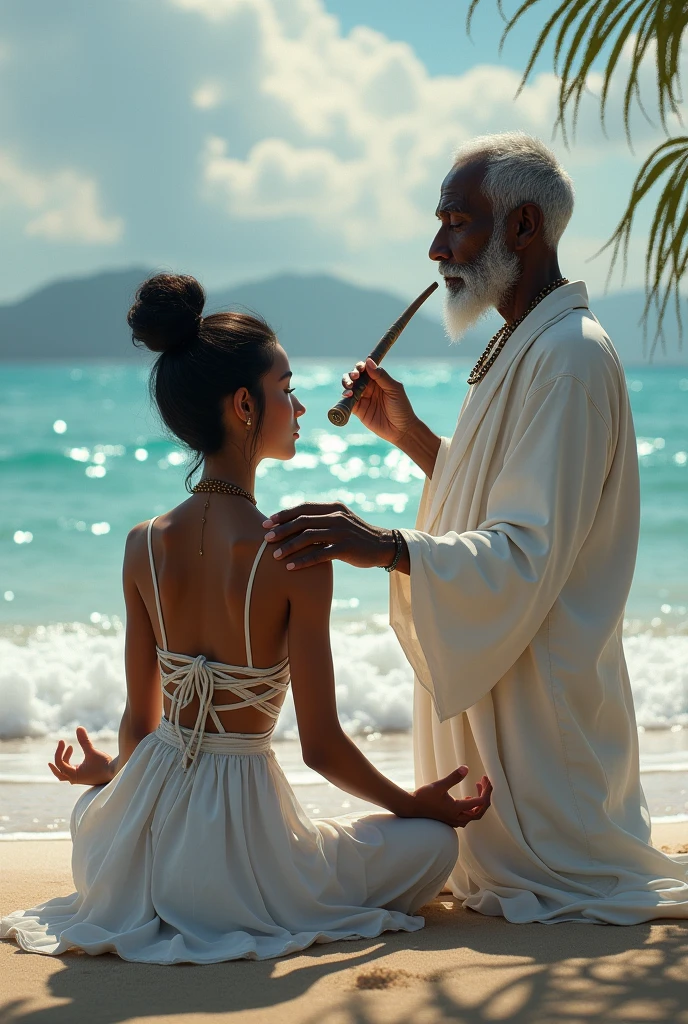 natta, a brown woman, with a bun in your hair, of coasts sitting meditating, with an ELDERLY black entity from Umbanda at his side, wear white clothes, with a pipe, with his hand on her shoulder guiding her