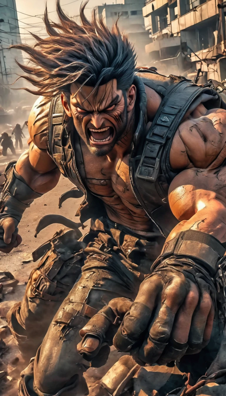 Anime:1.3,( hyper detailed, 8k, RAW Photos, Premium quality, masterpiece, epic lighting. close up, Centered image), (Complete plan:1.4),((1 handsome and muscular man, post-apocalyptic, guerrero, Perfectly detailed and anatomically perfect face and body, (action pose and badass), for the cover of Heavy Metal magazine, dynamic pose, beautiful and detailed hair, Leather Clothes))