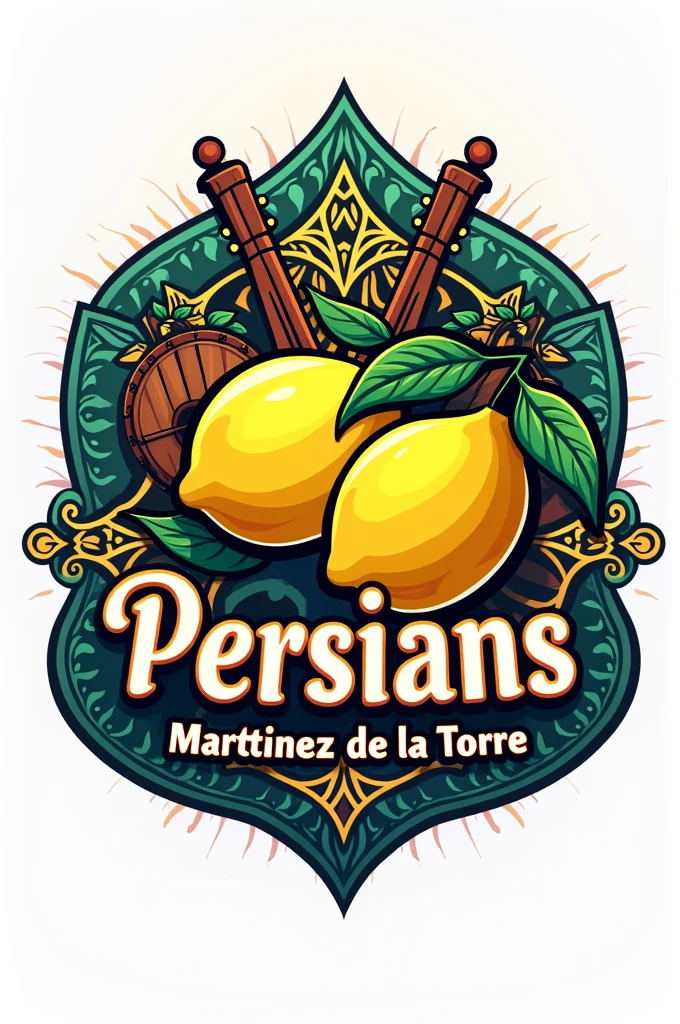 Logo for a Marching Band called "Persians" that has Persian lemons and instruments and says Martinez de la Torre, veracruz