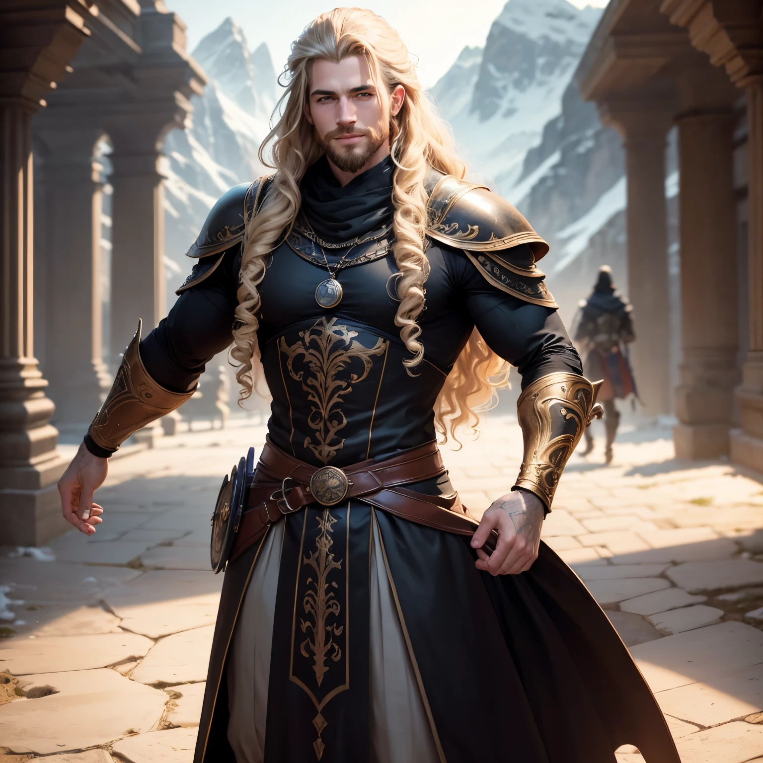 ((best qualityer)), ((work of art)), (detailded), 8k, 4K, hight contrast, work of art, Meticulous attention to facial features and hair strands , an adventurous man with long curly blond hair,barba ,black mantle,layer , full body pose ,Grinning,battle costume ,slightly-smile,in the background mountain valley ,clear lighting, detailed shadows