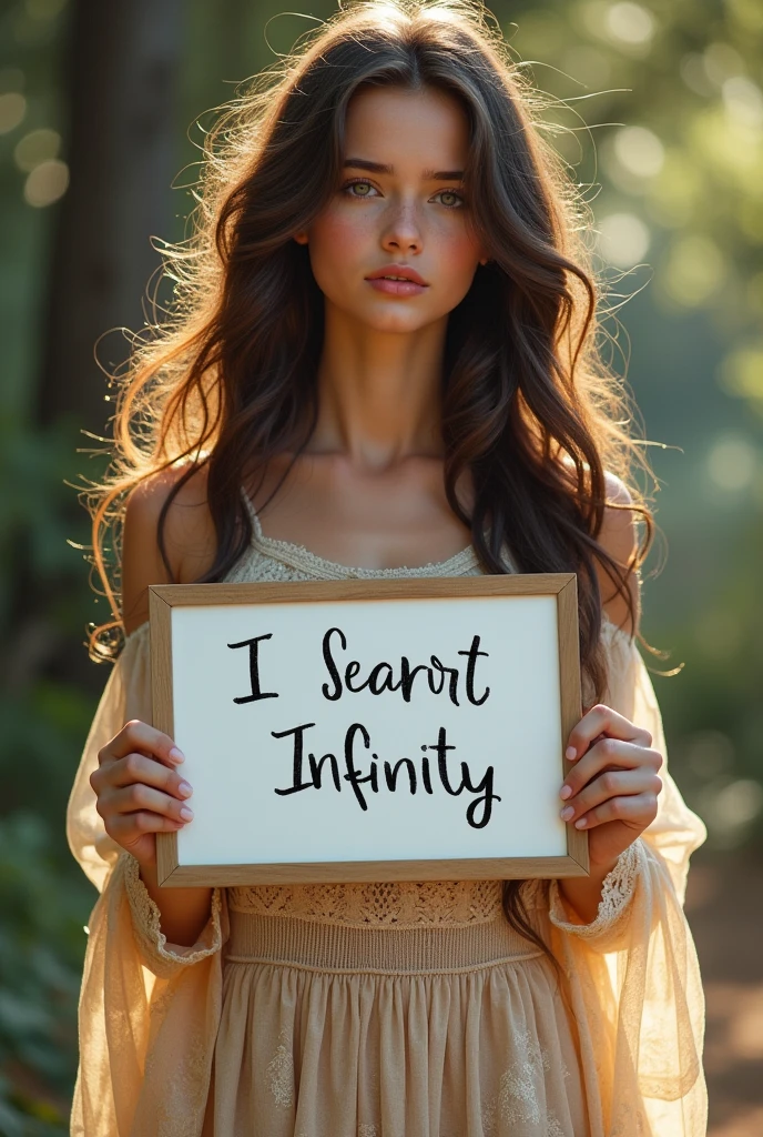 Beautiful girl with wavy long hair, bohemian dress, holding a white board with text "I Love Seaart Infinity" and showing it to the viewer