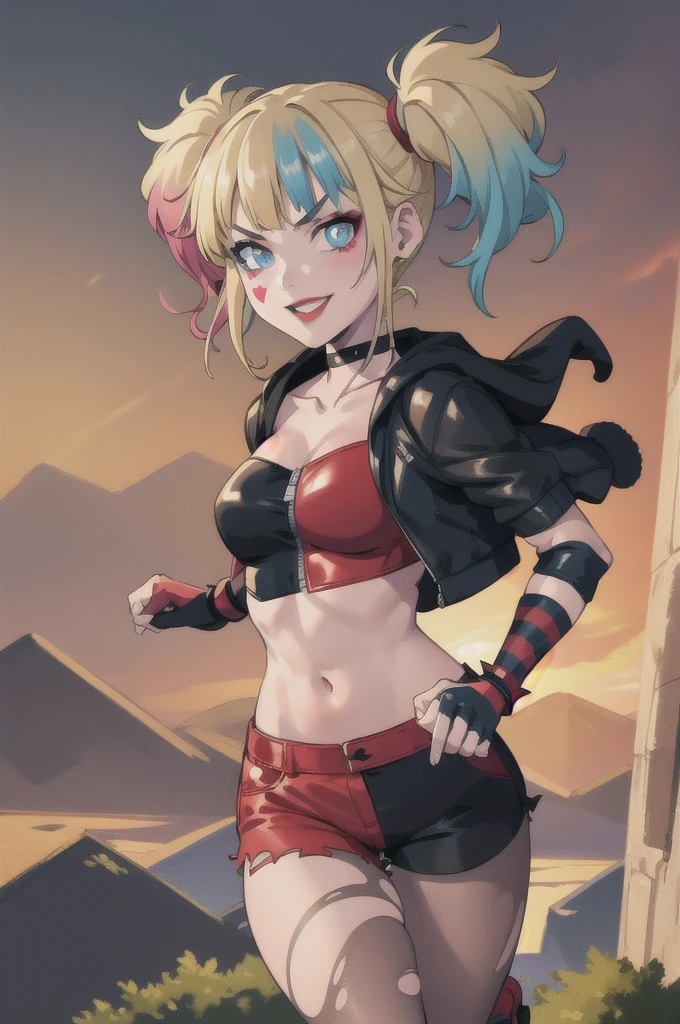 (masterpiece, best quality:1.2), solo, 1girl, isekaiharley, smile, looking at viewer, running, twintails, v-shaped eyebrows, two-tone jacket, crop top, short shorts, torn pantyhose, fingerless gloves, choker, spiked bracelet, cityscape scenery, running, sunset 